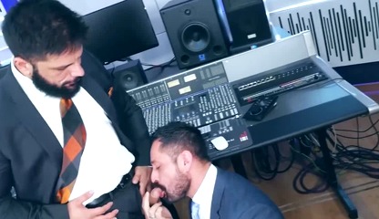 Suited Cristian Sam ass drills Little Brako deep in studio