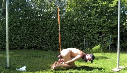 naked pathetic slave outdoor in penis cage got public humiliated as fucktoy dildo in ass