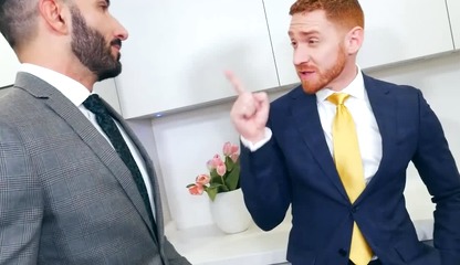 Suited Johnny Viper mutually barebacks with ginger stud Leander